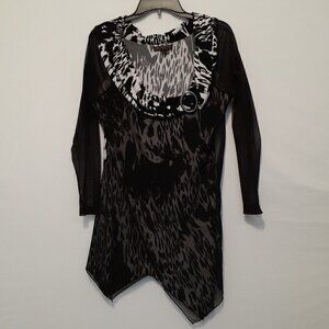 Picadilly FASHIONS Black Animal Print Hi-Low Tunic w Chiffon Overlay; Size Large